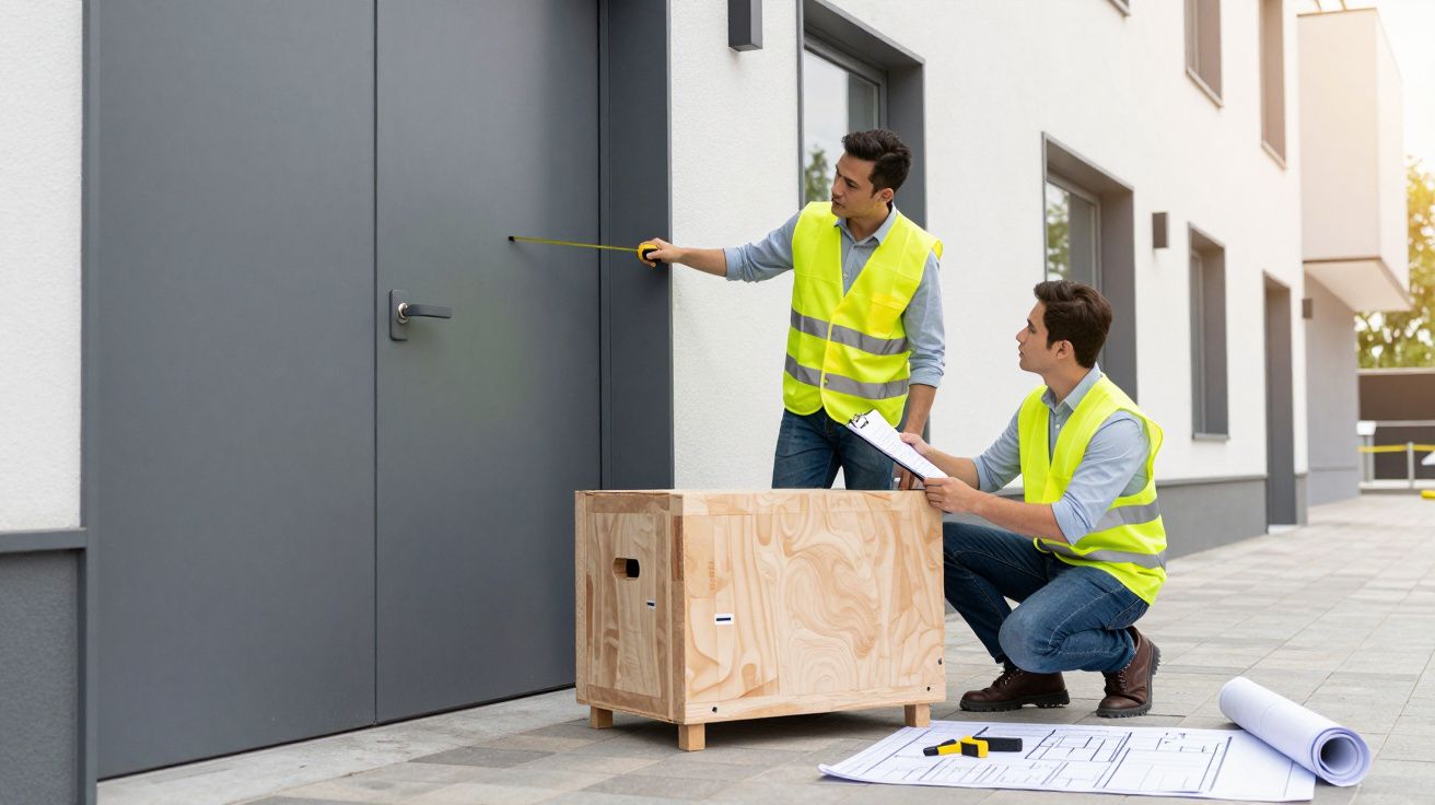 Two men in high-vis vests measuring a door, with plans and a wooden crate nearby, outside a modern building.