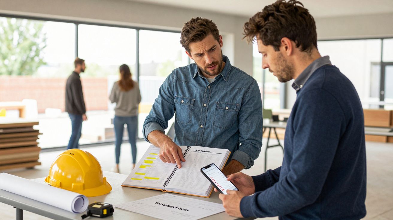 Two men discussing project plans with a yellow hard hat and blueprints on the table in a modern office space.