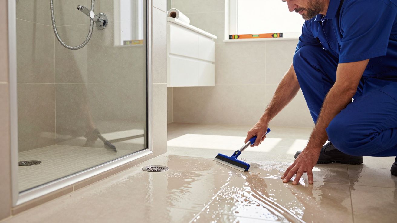 Person in blue uniform using a squeegee to clean water off a tiled bathroom floor next to a shower.