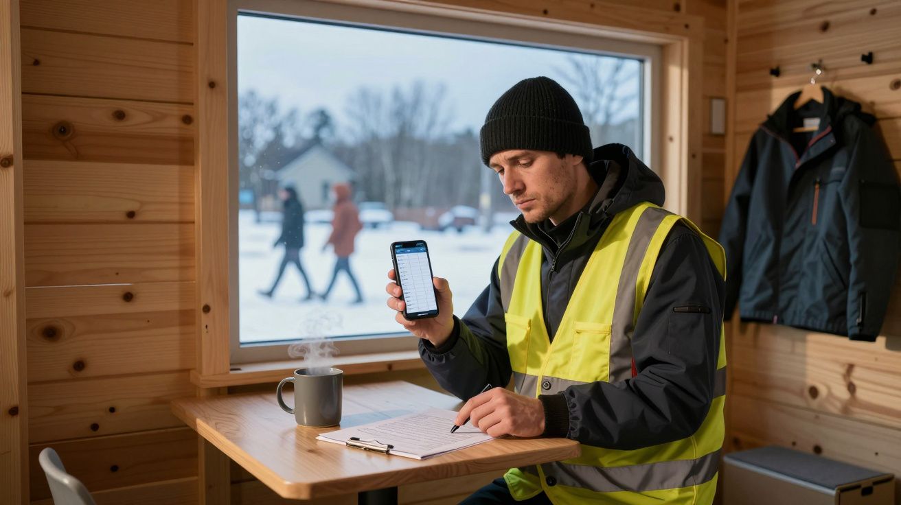 Man in high-vis jacket using smartphone at a table, with a hot drink and papers, snowy scene visible through window.